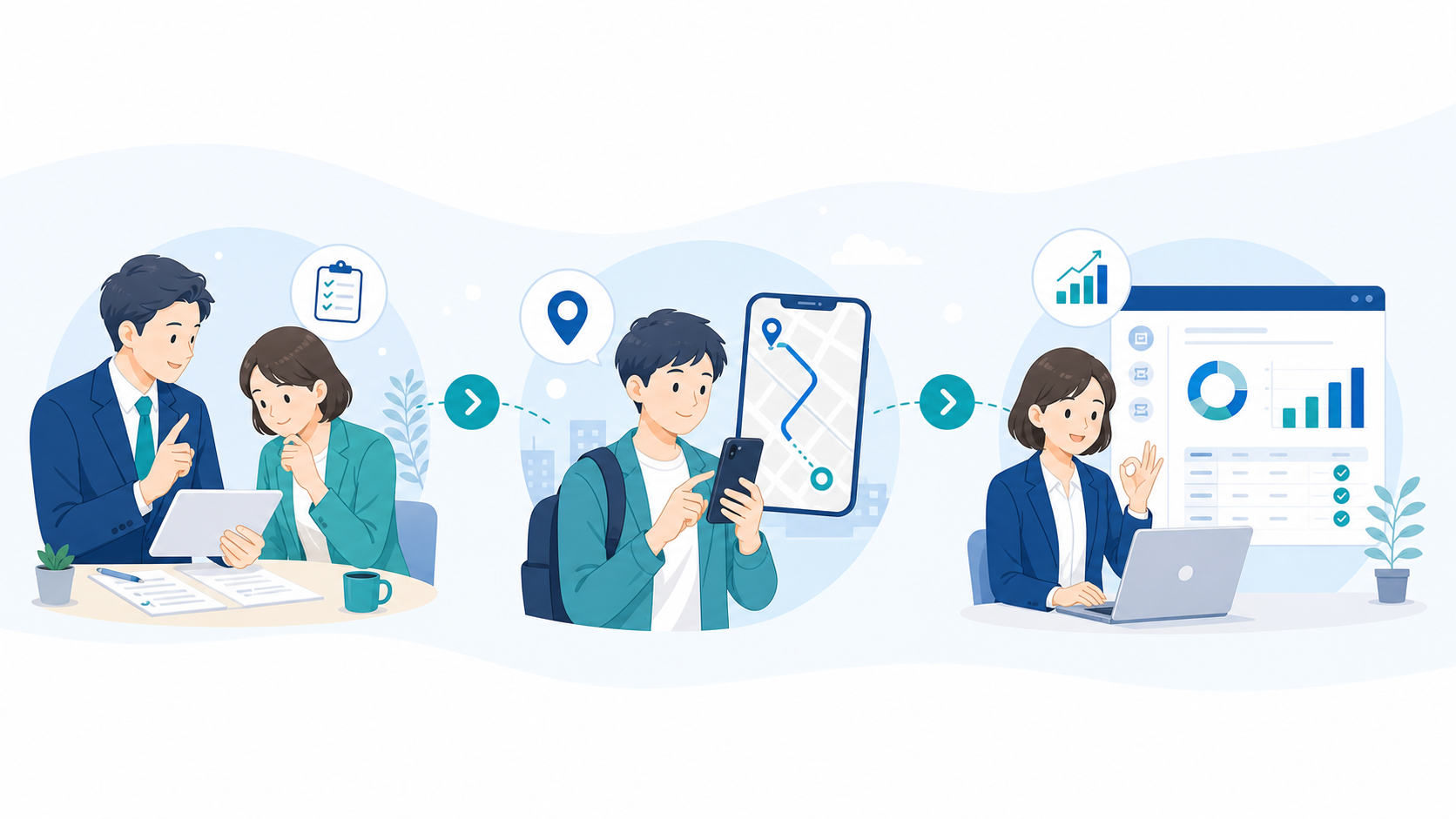 規程作成、社員登録、月末精算までの導入ステップを表すイラスト